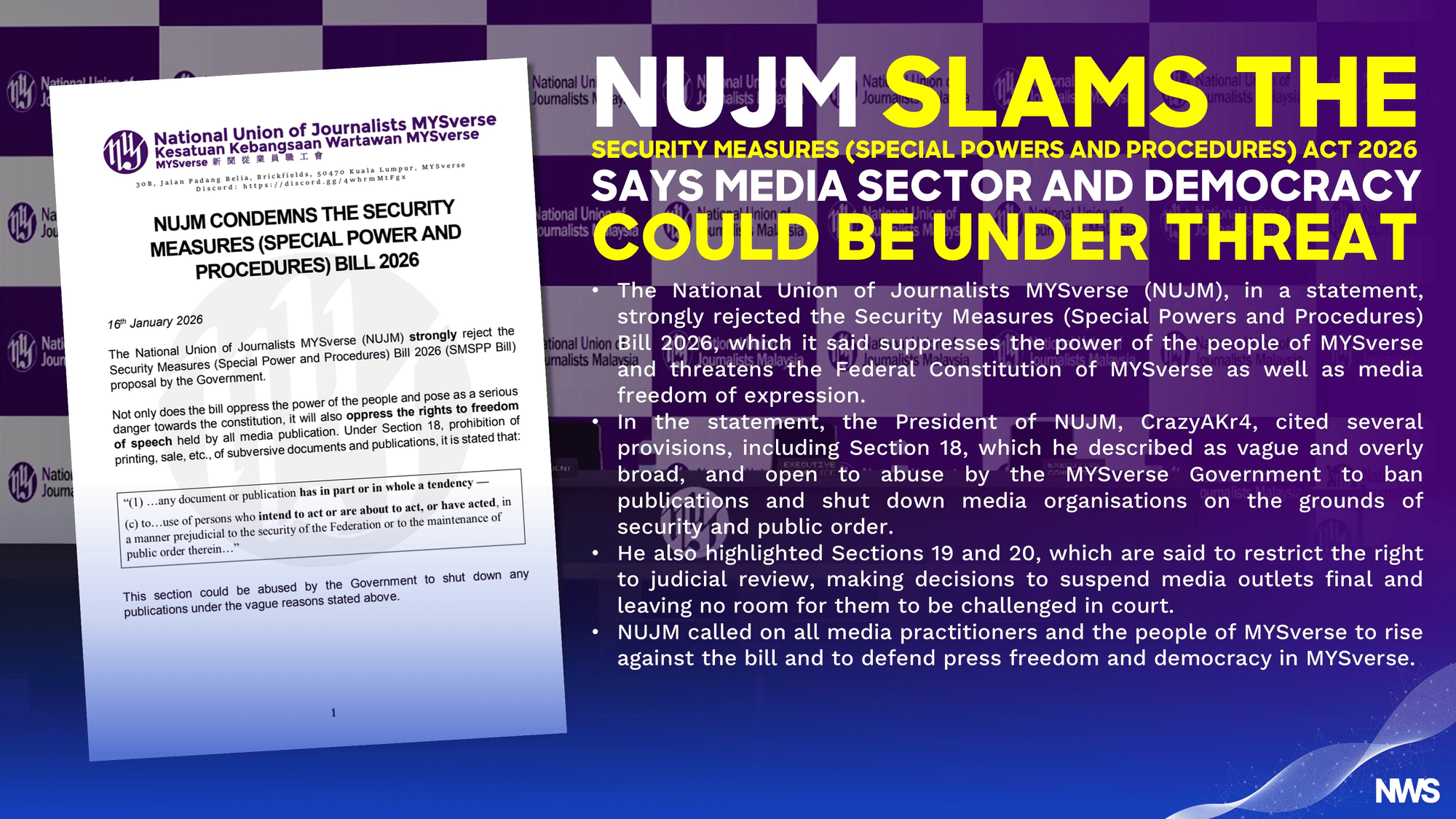 Imej utama untuk NUJ MYSverse Warns Security Measures Bill Threatens Press Freedom