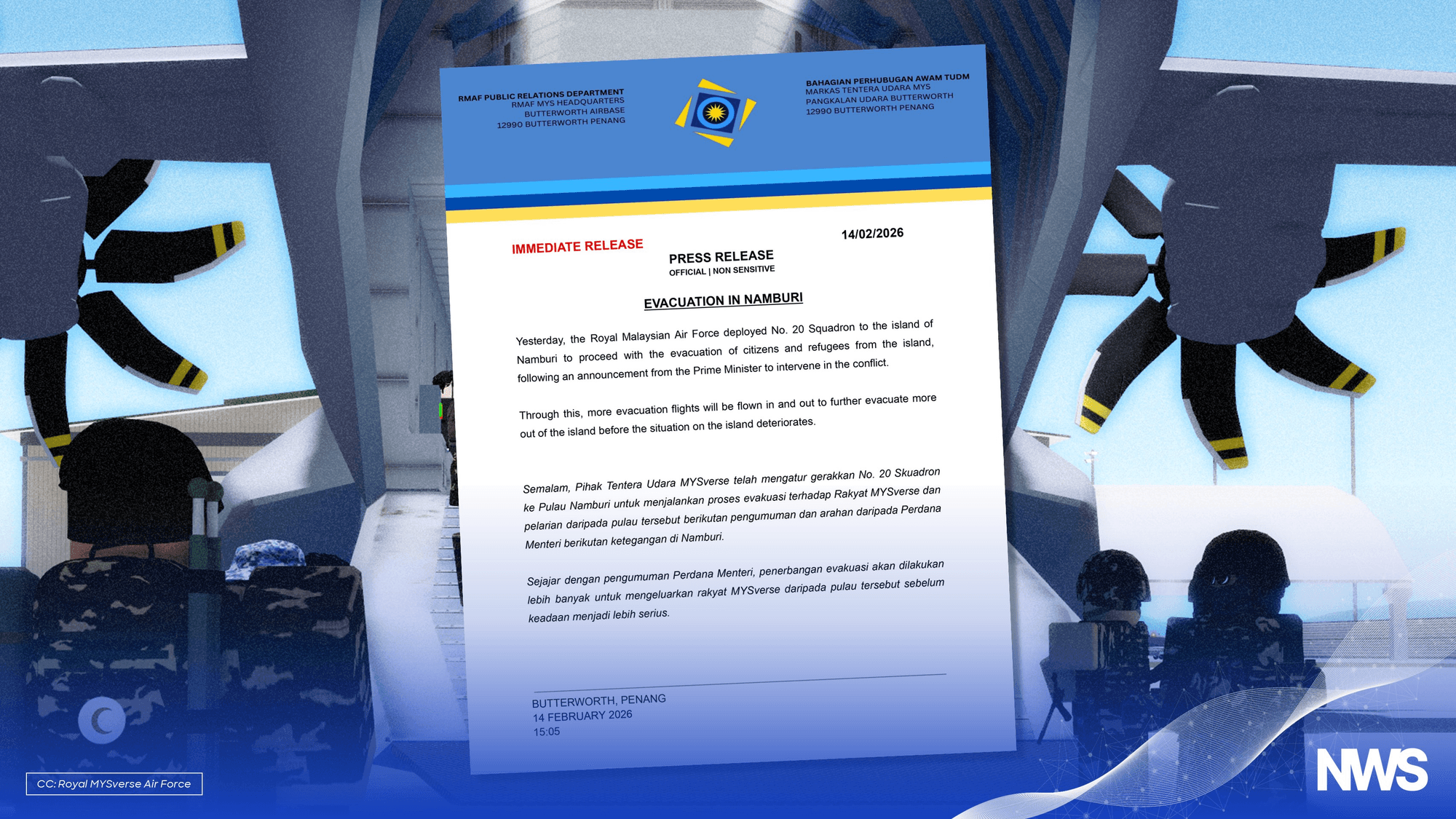 Imej utama untuk MYSverse Air Force Deploys No. 20 Squadron to Evacuate Citizens from Namburi