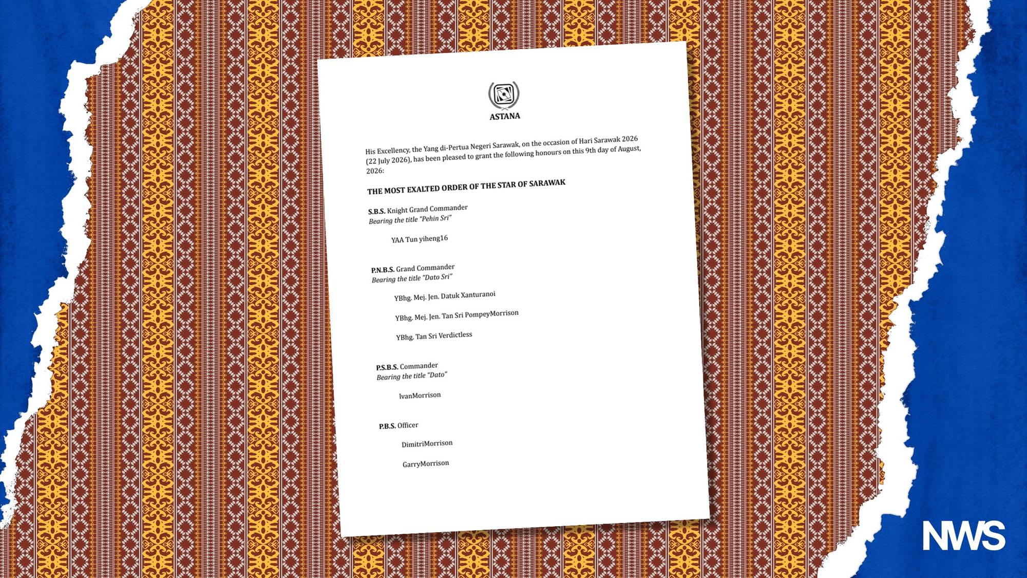 Imej utama untuk Ro-Sarawak Confers State Honours on Seven Recipients for Ro-Sarawak Day 2026
