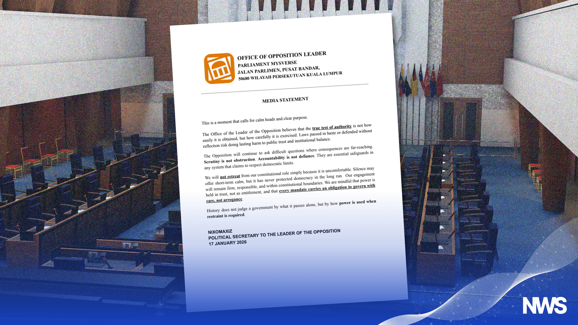 Featured image for Opposition Leader Calls for Responsible Use of Power and Checks