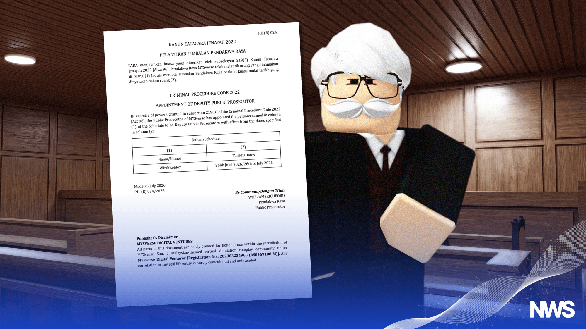 WirthRoblox Appointed Deputy Public Prosecutor of MYSverse