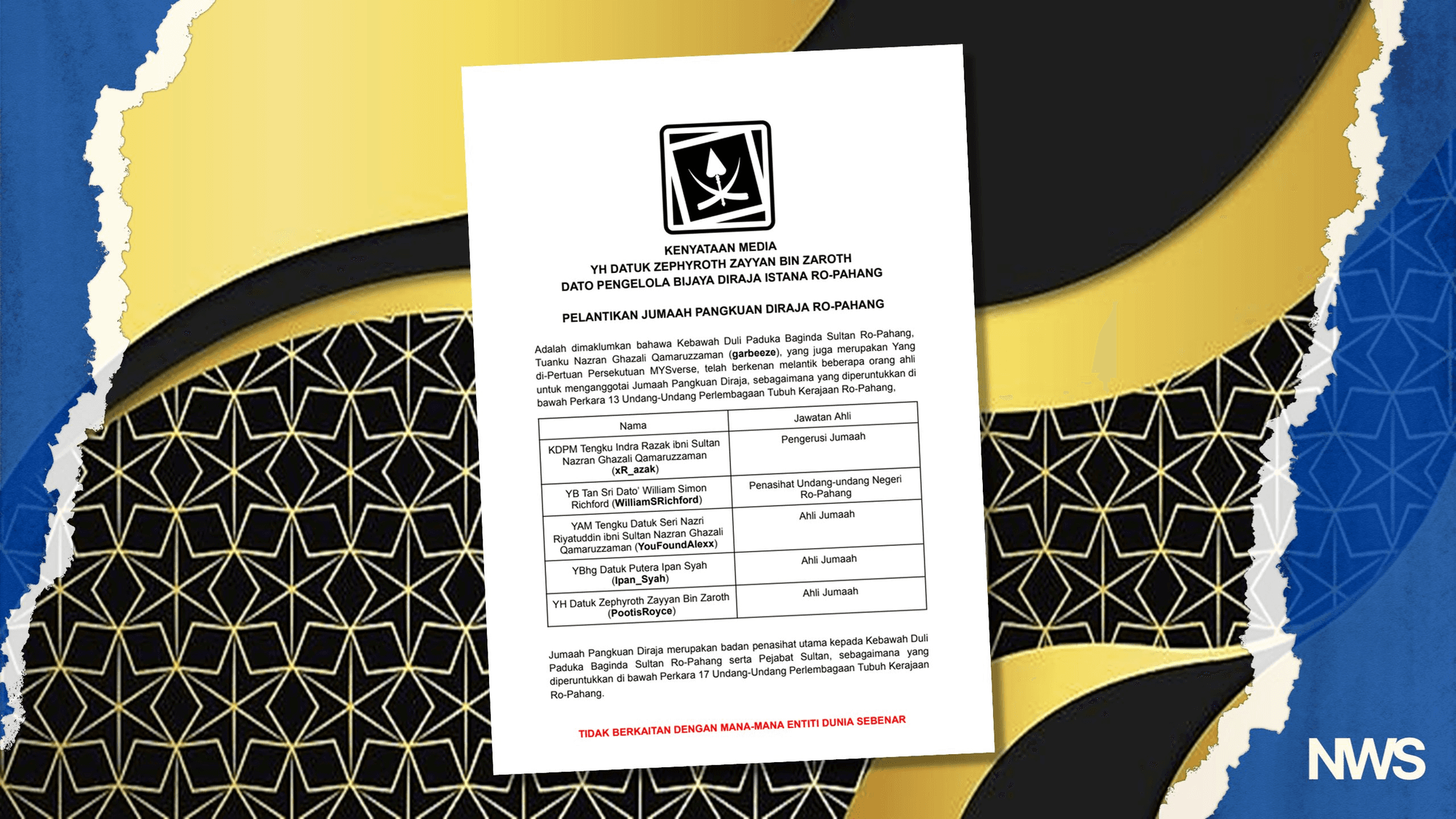 Imej utama untuk Sultan of Ro-Pahang Appoints Five Members to Royal Regency Council