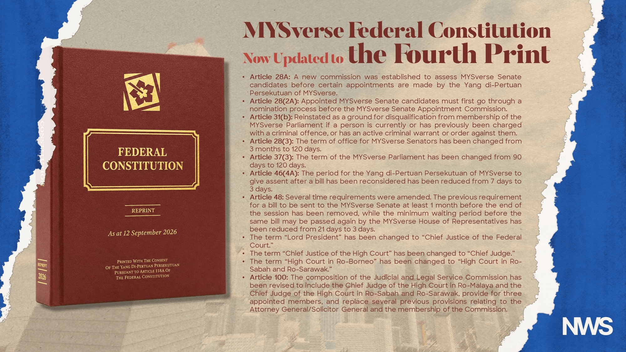 Imej utama untuk Fourth Reprint of MYSverse Federal Constitution Approved